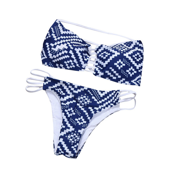 Blue pattern strapless Bikini