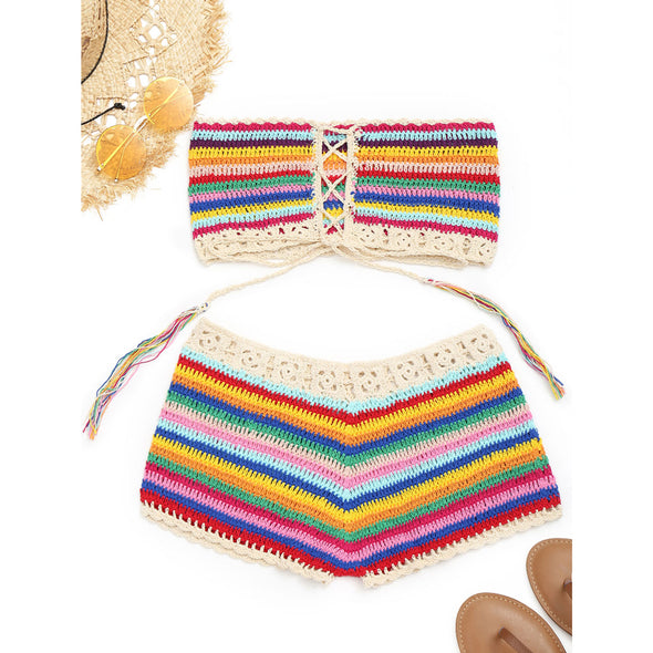 Colorful Crochet Top And Shorts Cover-up