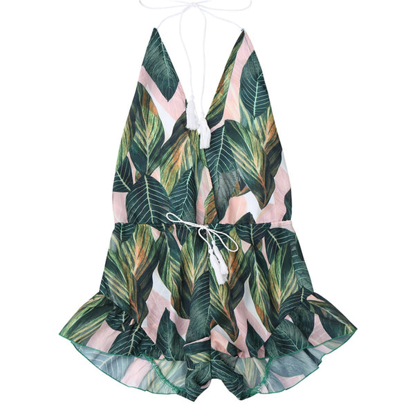 Backless Halter Leaf Print Beach Cover Up
