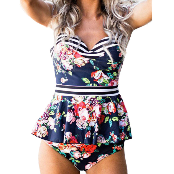 Floral Backless Tankini with Skirt