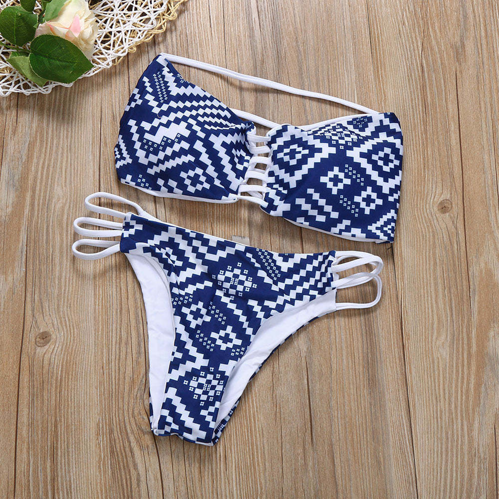 Blue pattern strapless Bikini