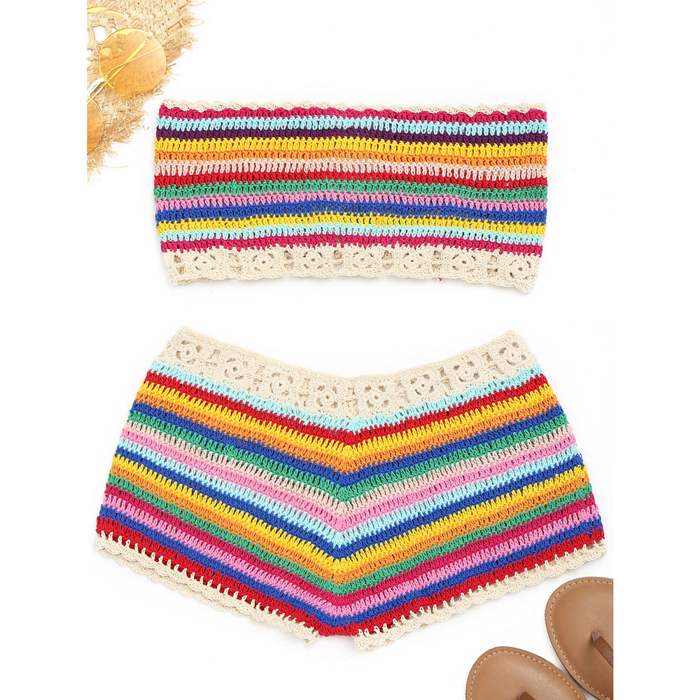 Colorful Crochet Top And Shorts Cover-up