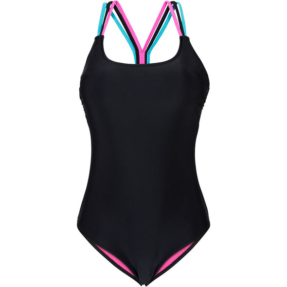 Black swimsuit with pink & blue straps