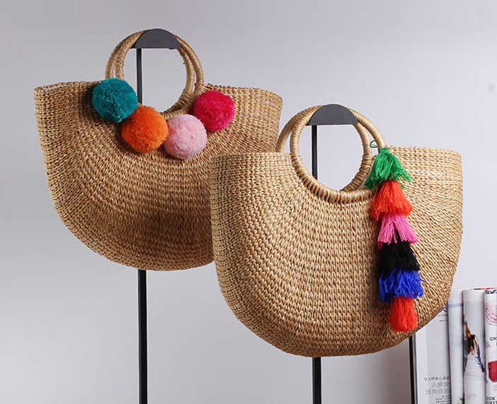 Handmade Beach Weaving Bag with pompons